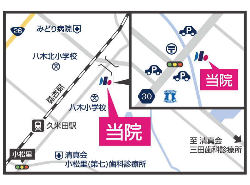 ヒグチ歯科医院へのアクセスマップ。26号線、岸和田牛滝山貝塚線、阪和線、久米田駅、周辺のランドマーク（病院、店舗、学校など）が表示されている。